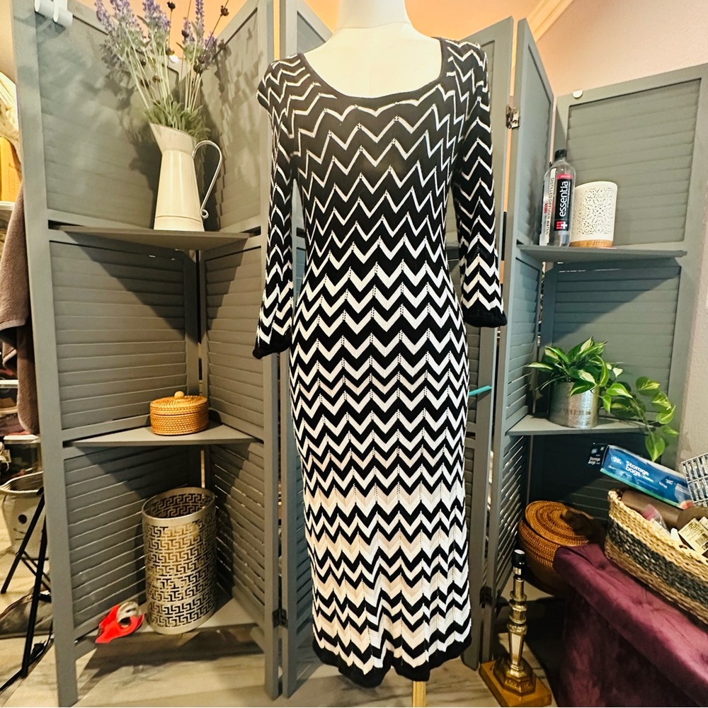 Black, Beige, and Ivory Chevron Knit Dress. Fully Lined